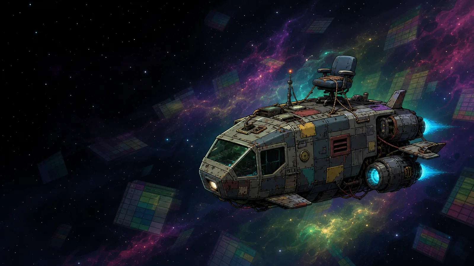 A battered starship with an office chair strapped to its hull crosses a colourful nebula.