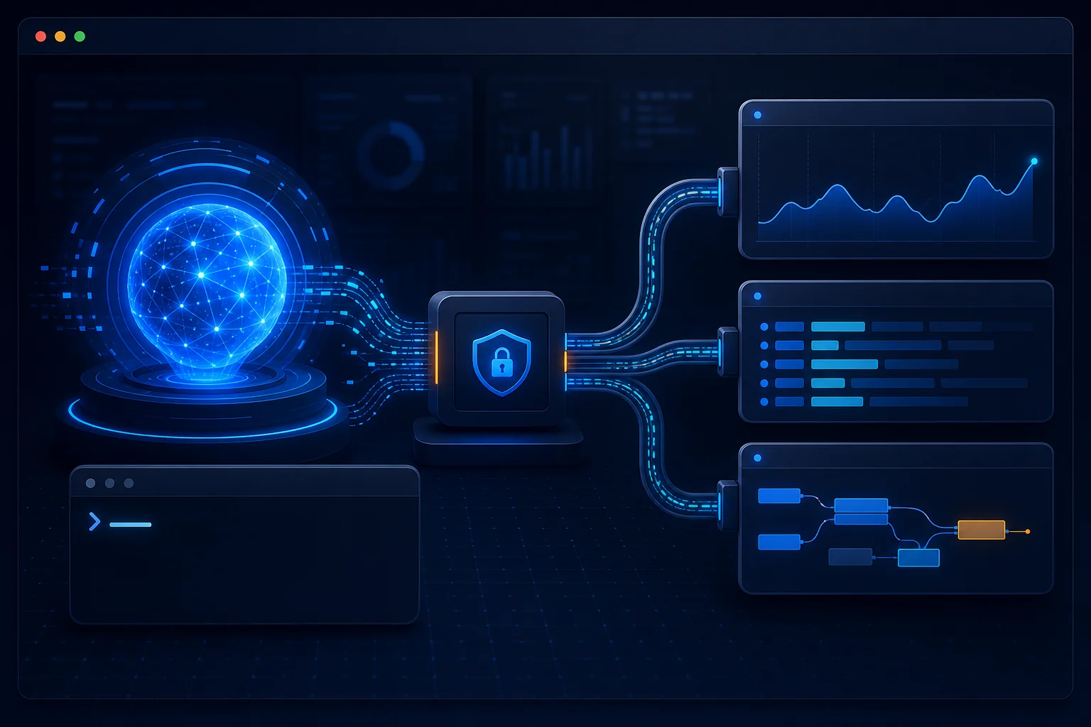 AI agent workflow diagram showing a model core passing through a controlled gateway to metrics, logs and traces