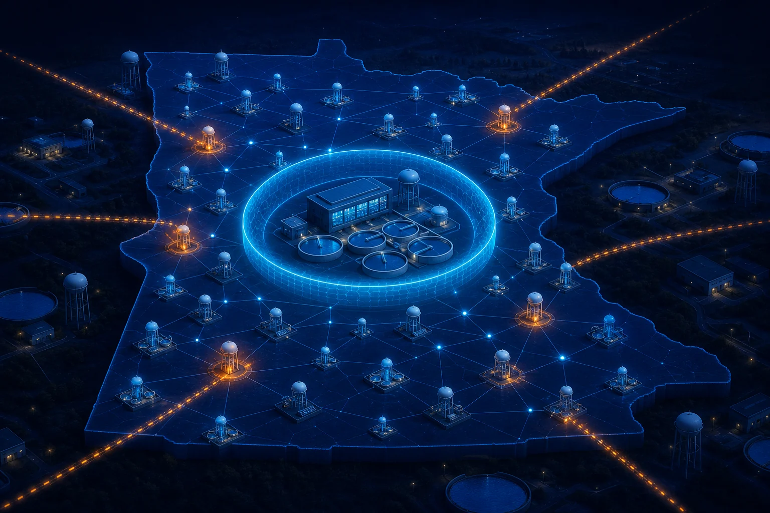 Diagram of a cyberattack spanning a network of community water systems with a central protective layer