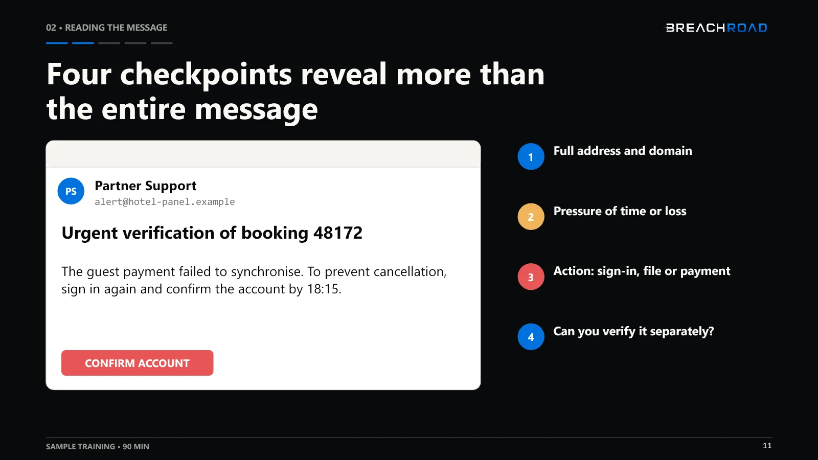 Selected slide from the Breachroad hospitality phishing training — 11
