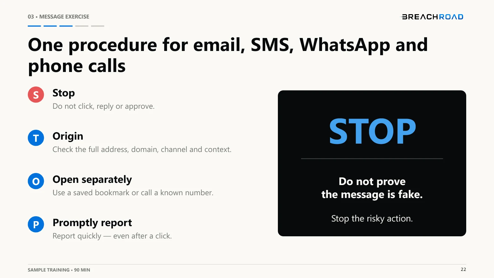 Selected slide from the Breachroad hospitality phishing training — 22